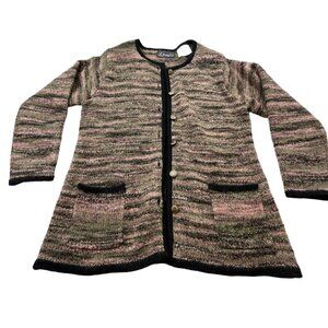 Vintage Rochelle California Women Medium Green Striped Knit Cardigan Sweater Y2K